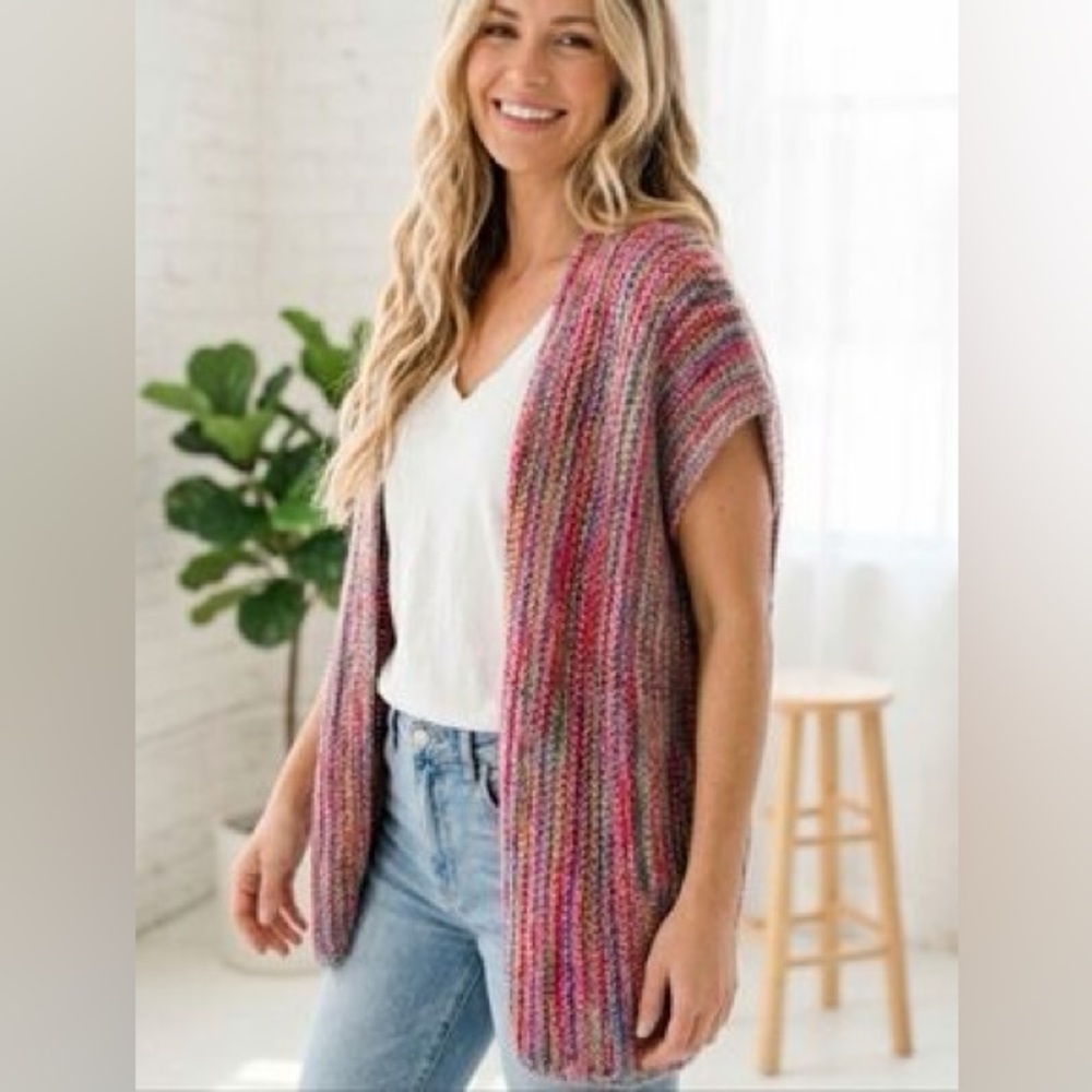 POL vertical rainbow striped open-front knit kimono cardigan size small